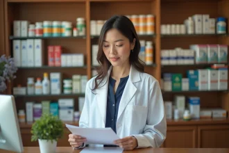 Titulaire de pharmacie de quartier examinant un document réglementaire derrière son comptoir dans une officine indépendante