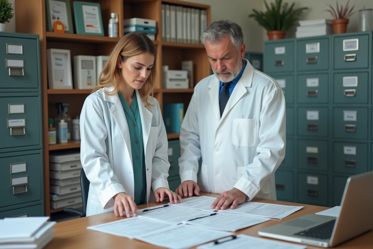 Deux titulaires de pharmacie discutant des nouvelles réglementations 2026 autour de documents administratifs dans un bureau d'officine