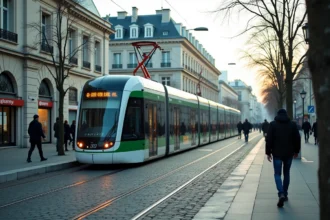 Tramway moderne à l'arrêt dans une station urbaine de Nantes avec des voyageurs qui montent à bord