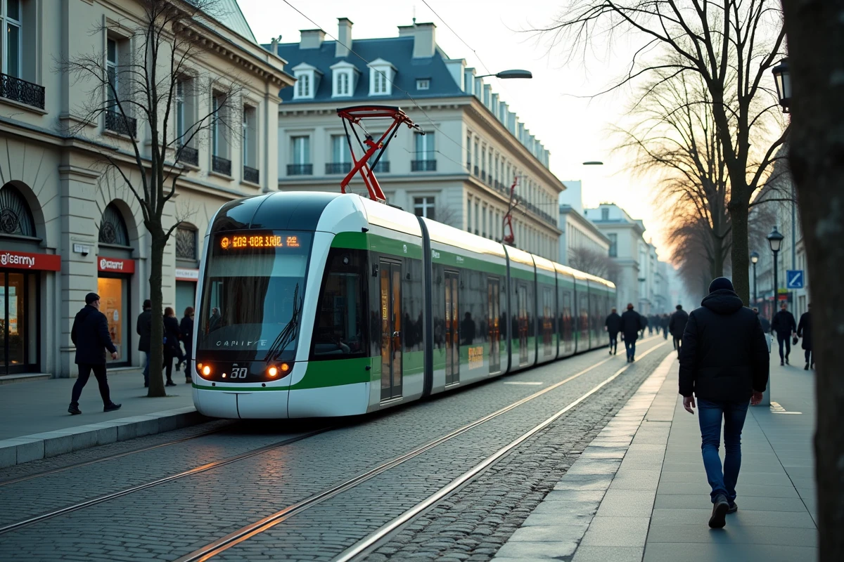 Tramway moderne à l'arrêt dans une station urbaine de Nantes avec des voyageurs qui montent à bord