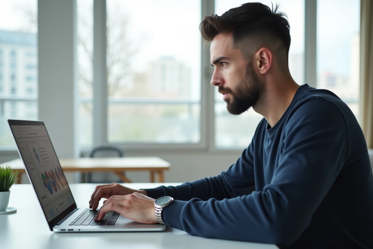 Homme utilisant un navigateur web sur ordinateur portable pour visionner des stories Instagram de manière anonyme dans un appartement moderne