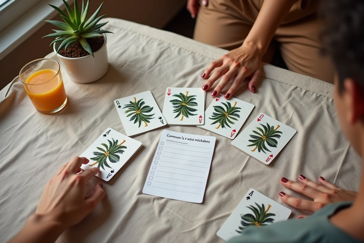 Vue du dessus d'un jeu de palmiers en cours avec des cartes étalées et une fiche récapitulative des erreurs fréquentes dans les règles